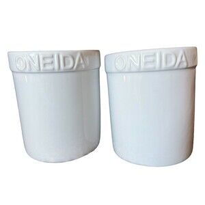 Oneida Utensil Crock Holder White Stoneware Ceramic Caddy Size  6.5"x5.5"